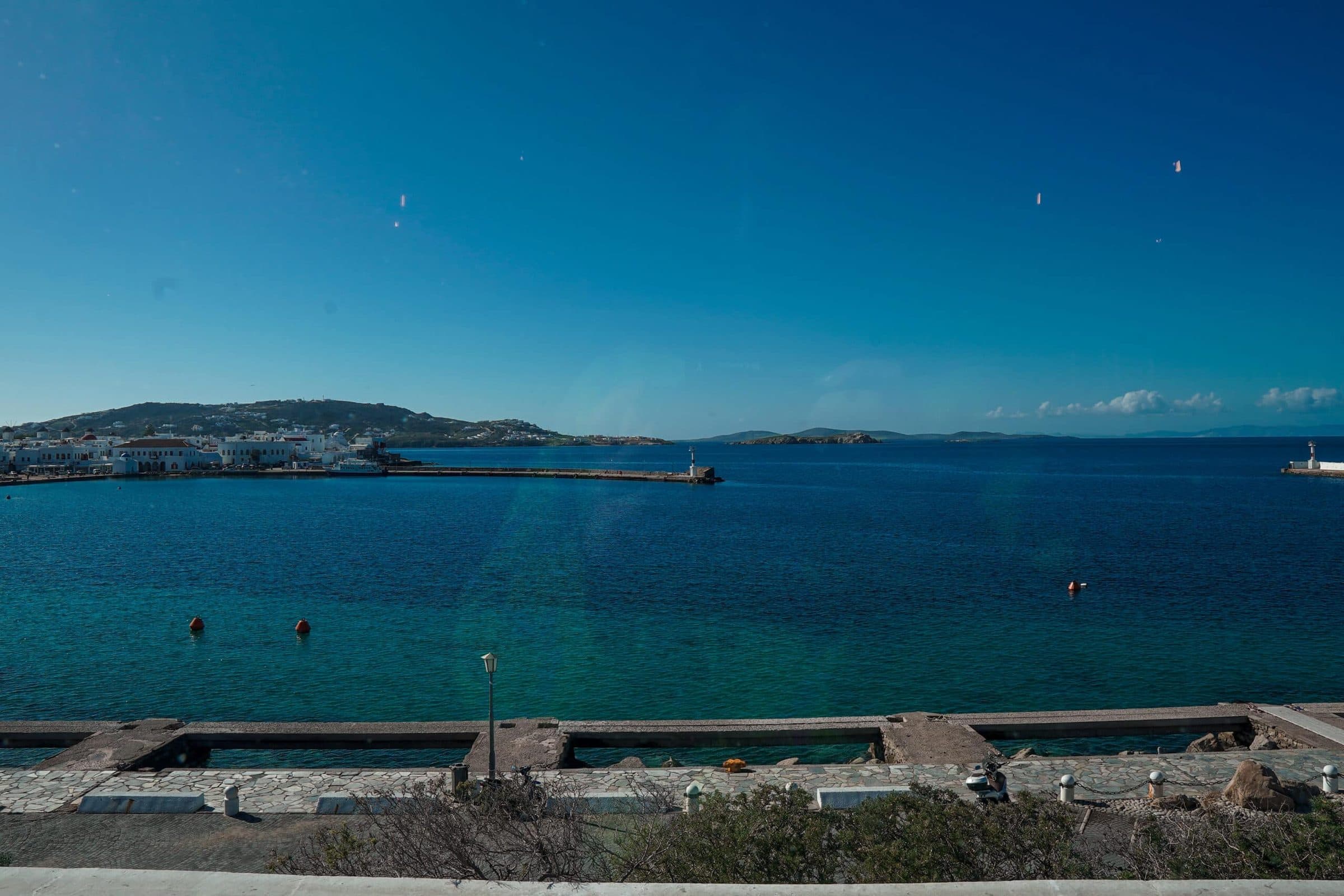 The “postcard view” of Mykonos Town and the Old Port from Blu Blu
